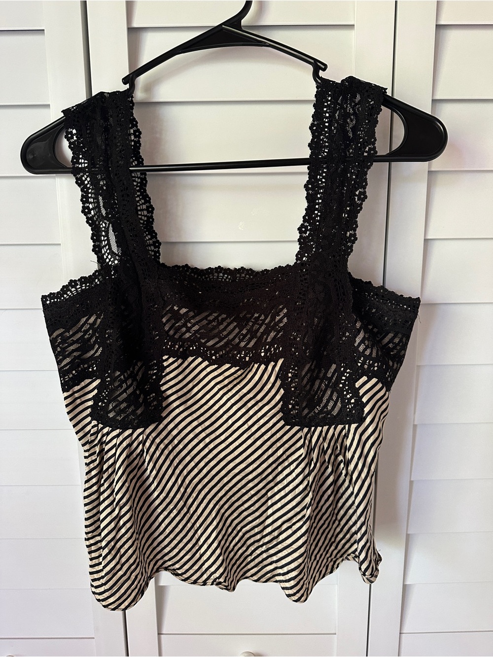 Vintage Anne Klein Silk Black Lace-Trim Striped Camisole